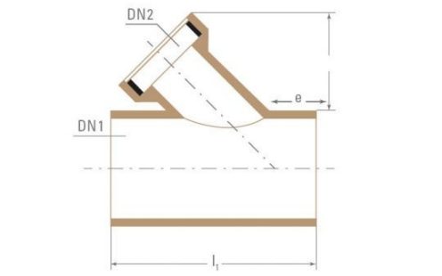 Sonderabzweig 45°, DN 1 glattendig, DN 2 mit Muffe