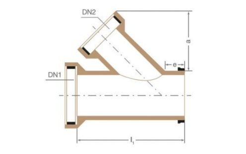 Sonderabzweig 45°, DN 1 glattendig, DN 2 mit Muffe